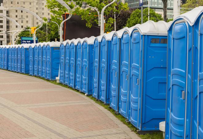 hygienic portable restrooms lined up at a music festival, providing comfort and convenience for attendees in Bothell WA